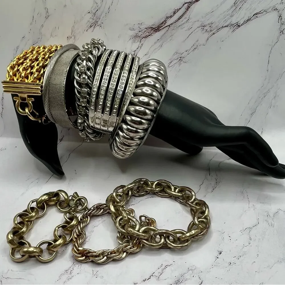 Set of 11 silver and gold tone bracelets